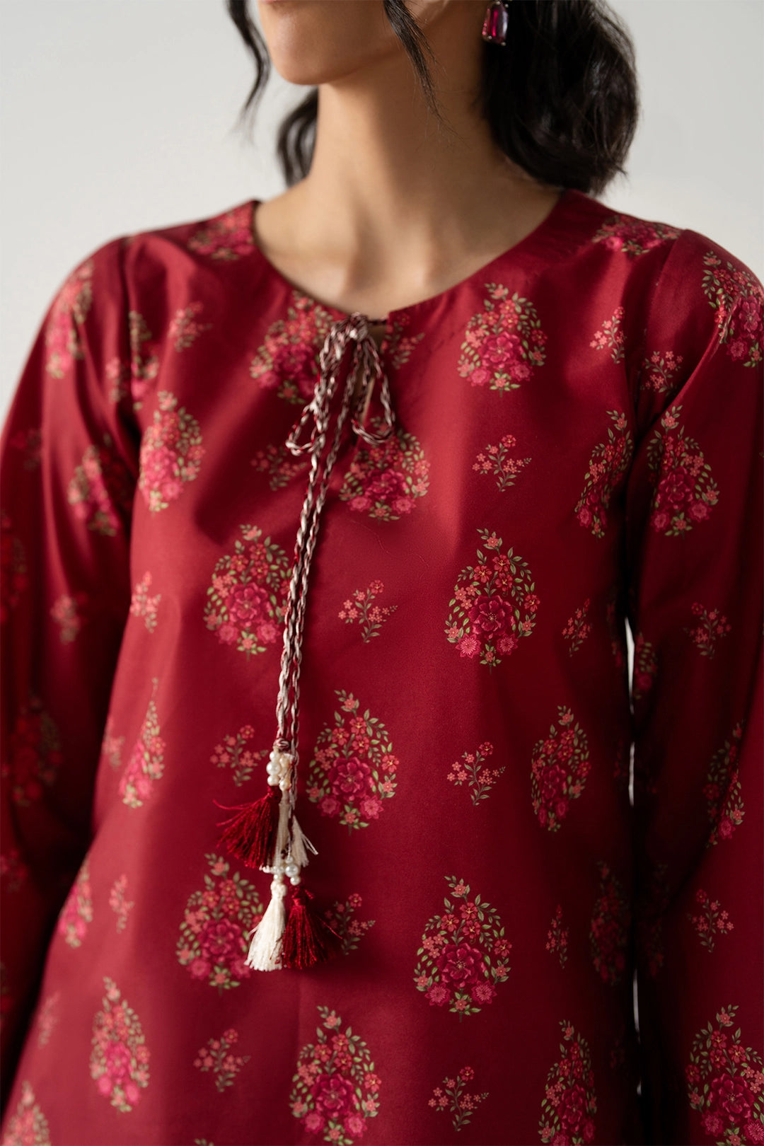 MAROON - IVORY 3PC SHORT SHIRT WITH FARSHI SHALWAR AND DUPATTA