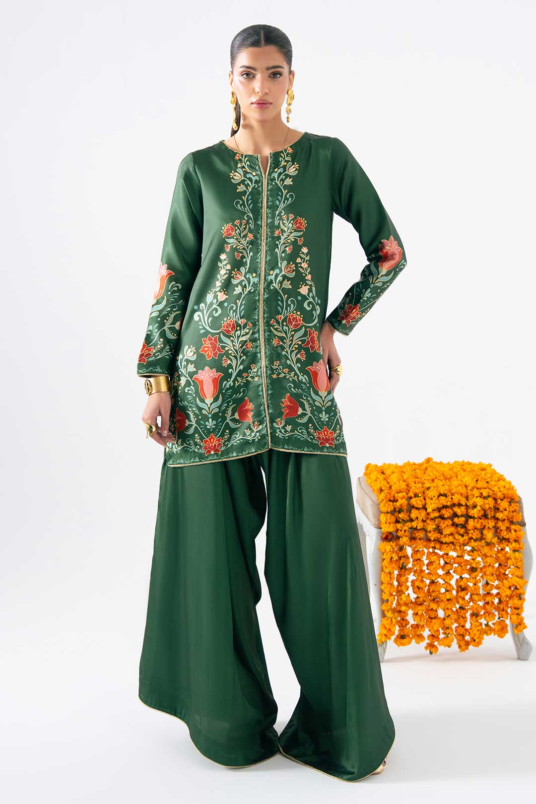 EMERALD GREEN JACKET WITH FLARED PANTS