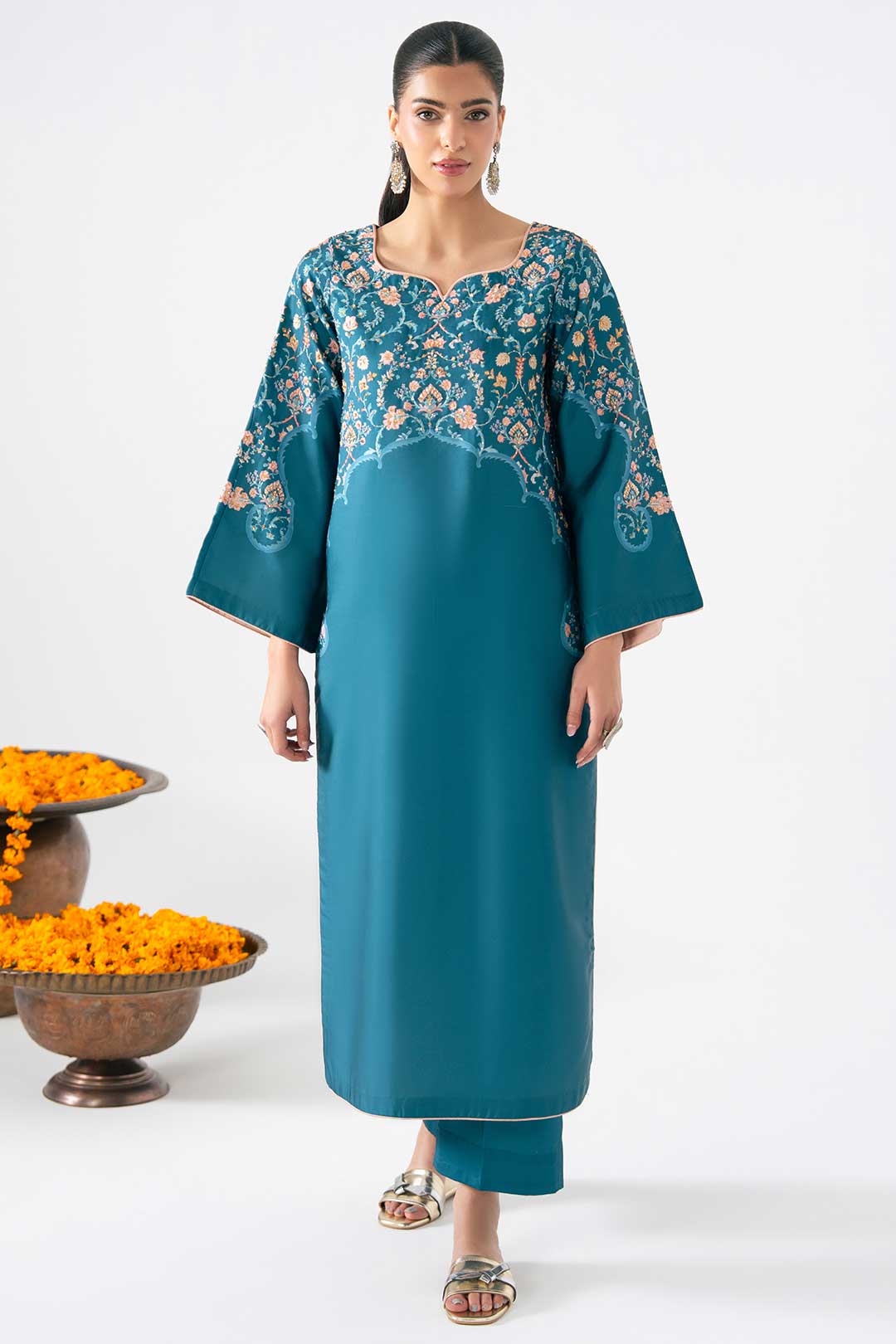 TEAL KURTA SET WITH ADDA WORK