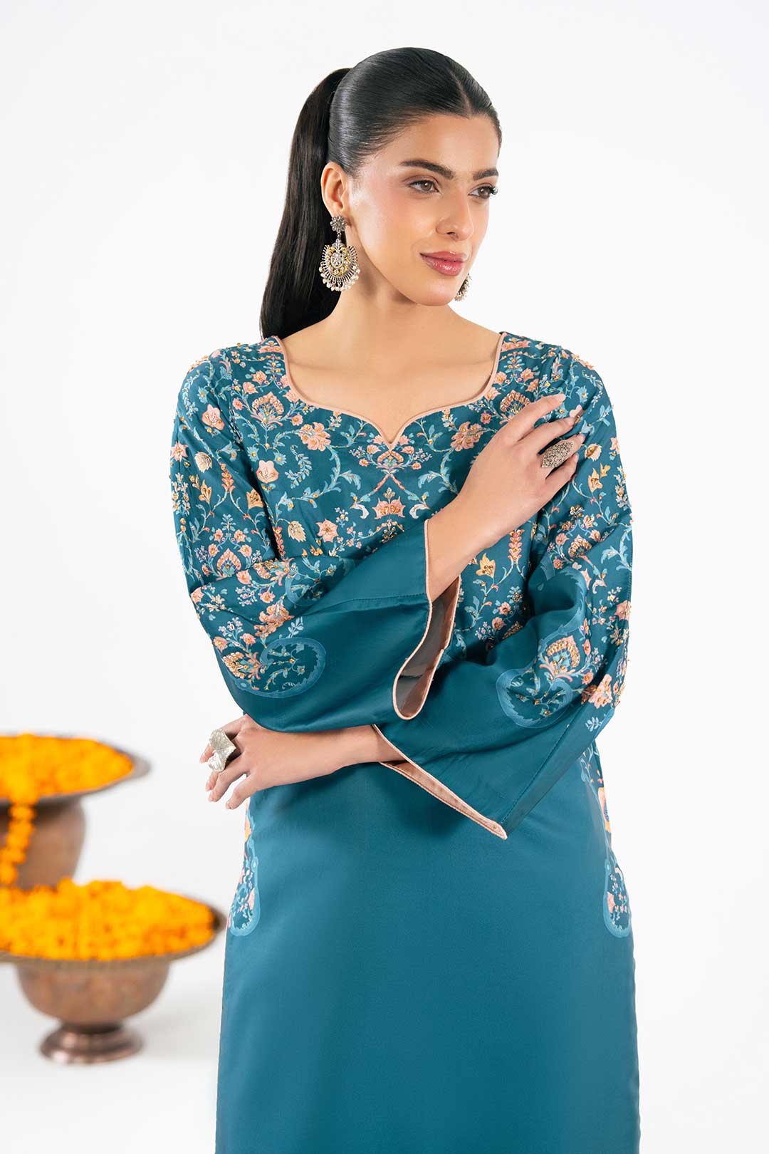 TEAL KURTA SET WITH ADDA WORK