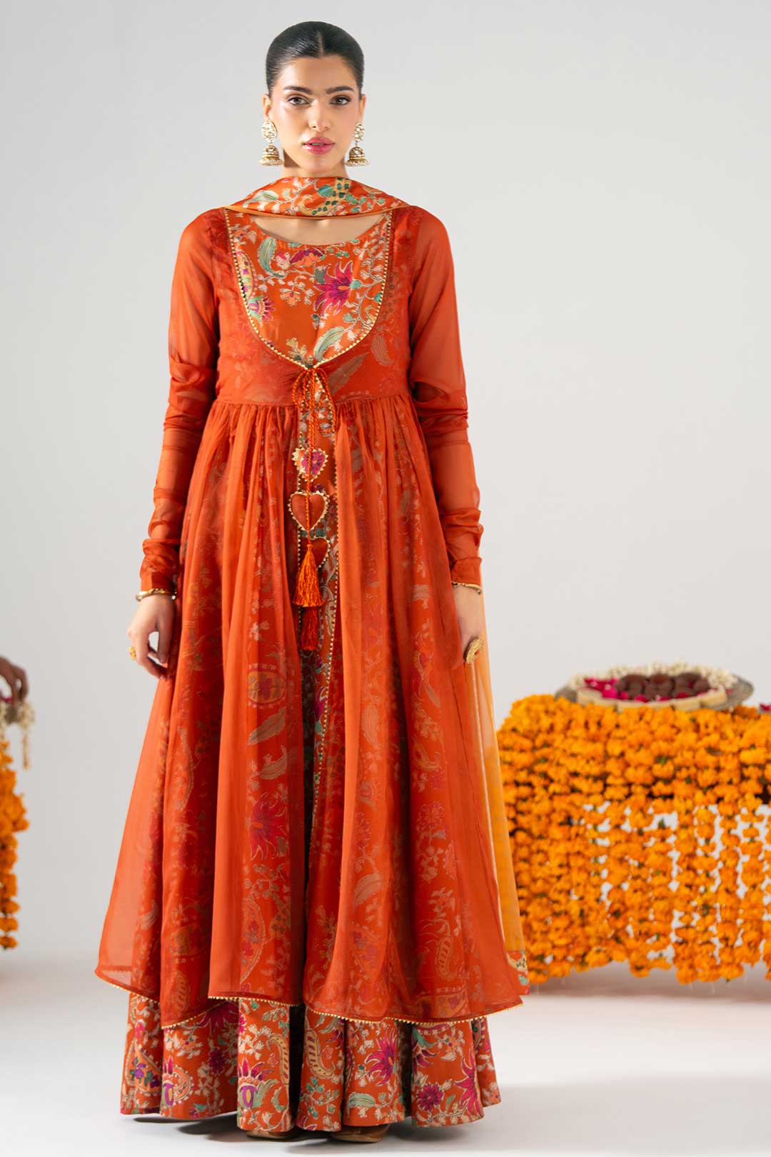 RUST ORANGE PRINTED PESHWAZ WITH DUPATTA