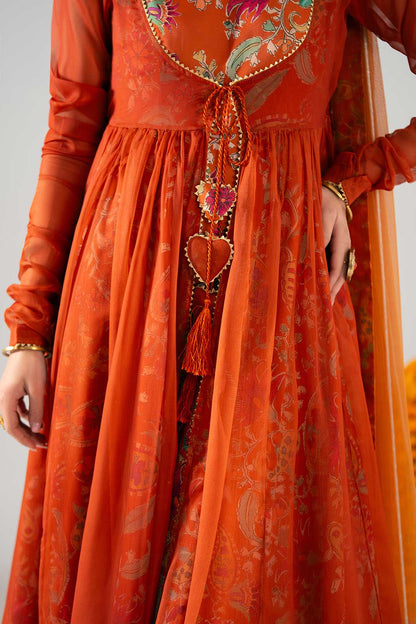 RUST ORANGE PRINTED PESHWAZ WITH DUPATTA
