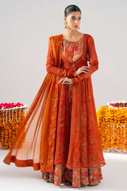 RUST ORANGE PRINTED PESHWAZ WITH DUPATTA
