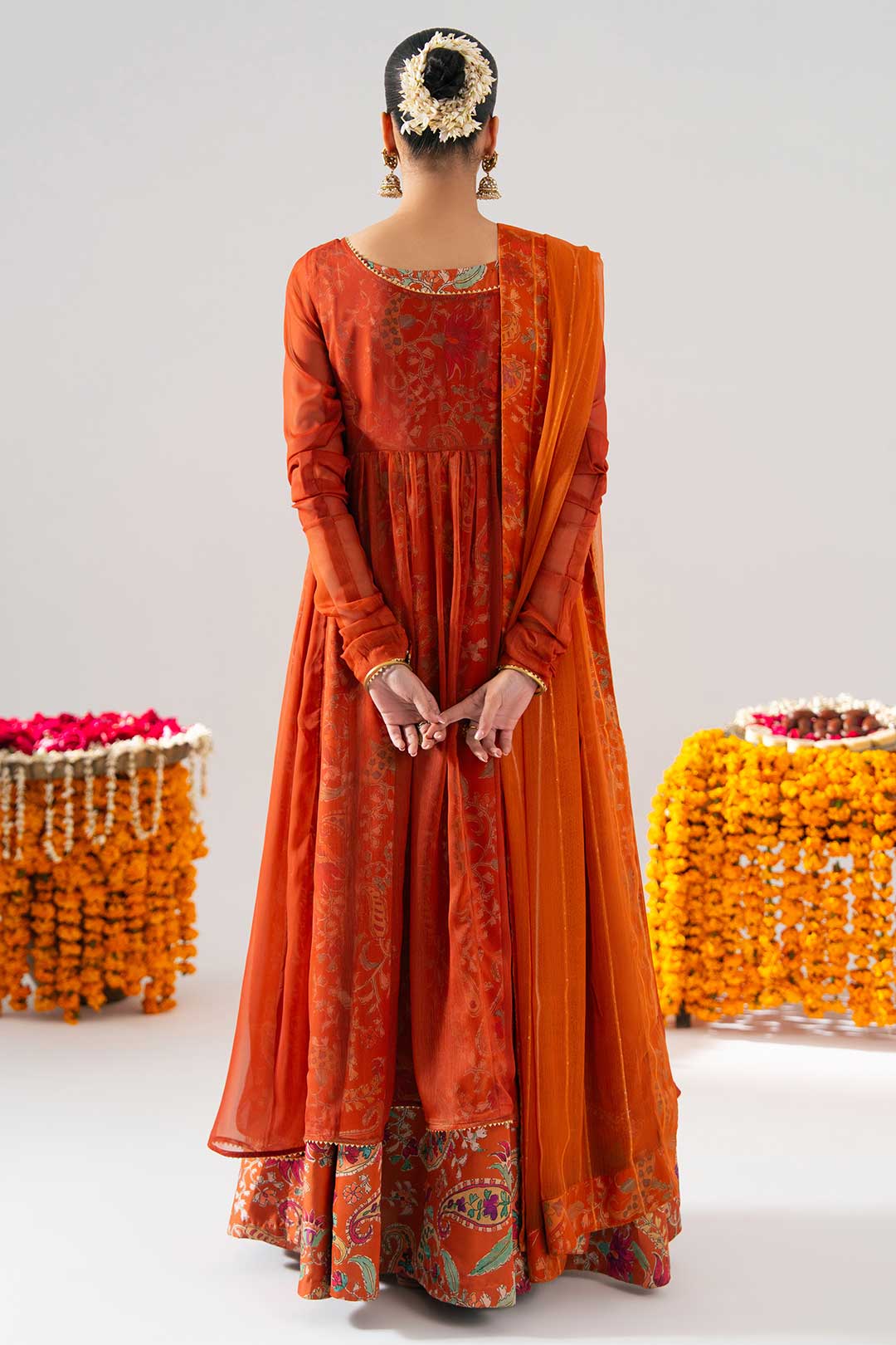RUST ORANGE PRINTED PESHWAZ WITH DUPATTA
