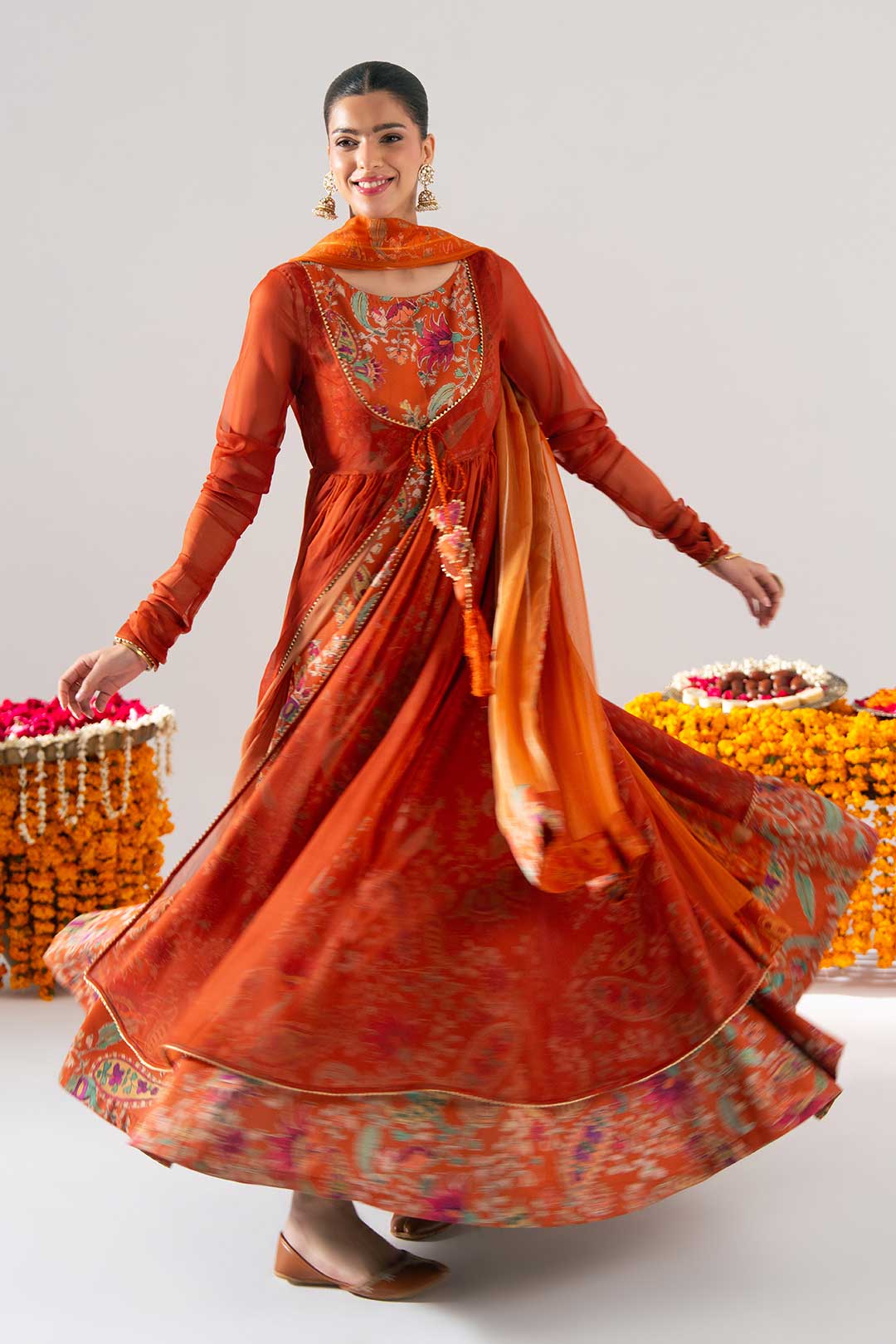 RUST ORANGE PRINTED PESHWAZ WITH DUPATTA