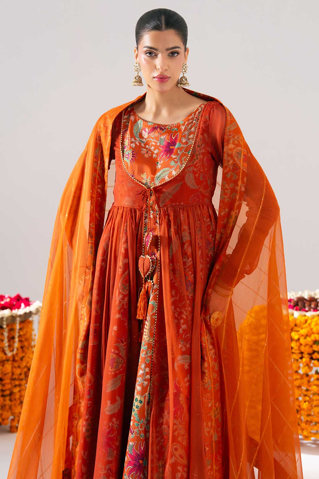 RUST ORANGE PRINTED PESHWAZ WITH DUPATTA