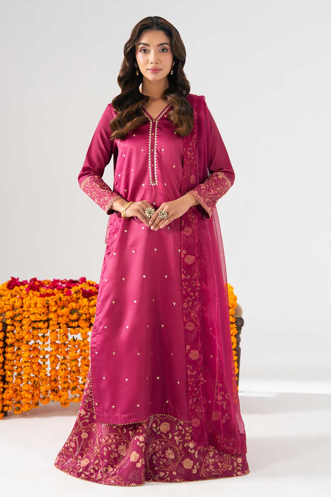 SHOCKING PINK EMBROIDERED KURTA WITH FLARED PANTS AND DUPATTA