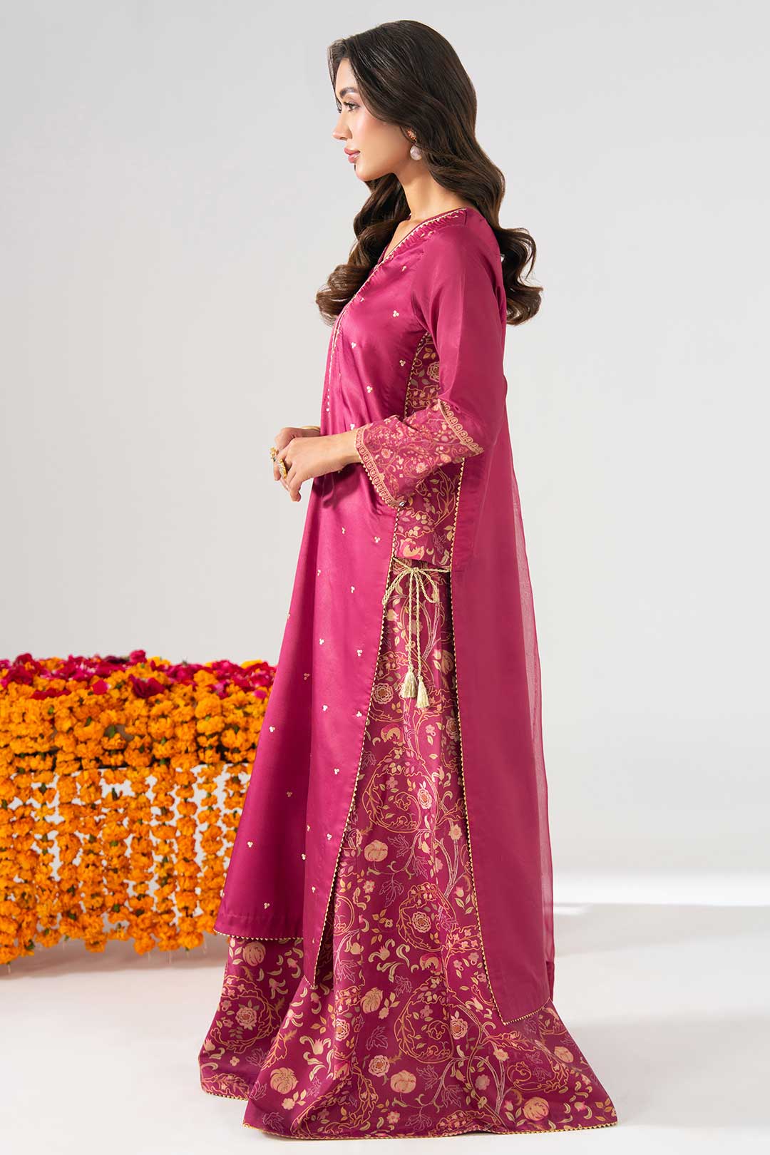 SHOCKING PINK EMBROIDERED KURTA WITH FLARED PANTS AND DUPATTA