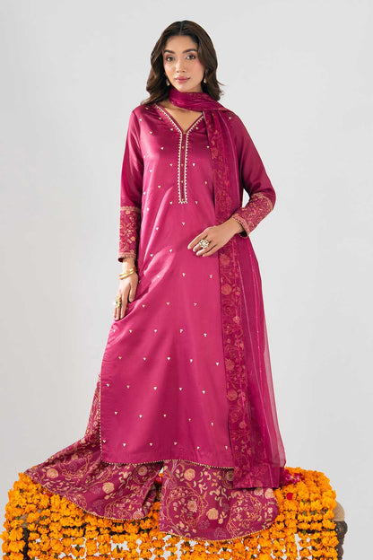 SHOCKING PINK EMBROIDERED KURTA WITH FLARED PANTS AND DUPATTA