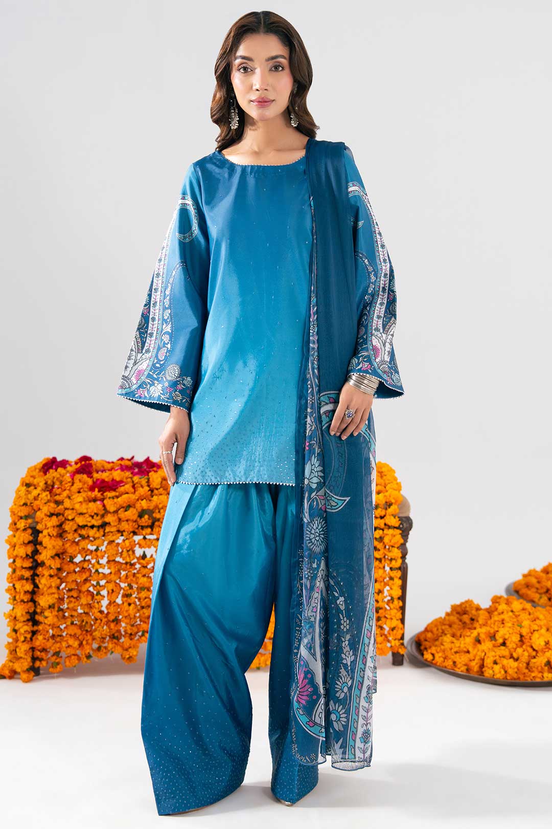 BLUE OMBRE FARSHI SHALWAR SET WITH DUPATTA