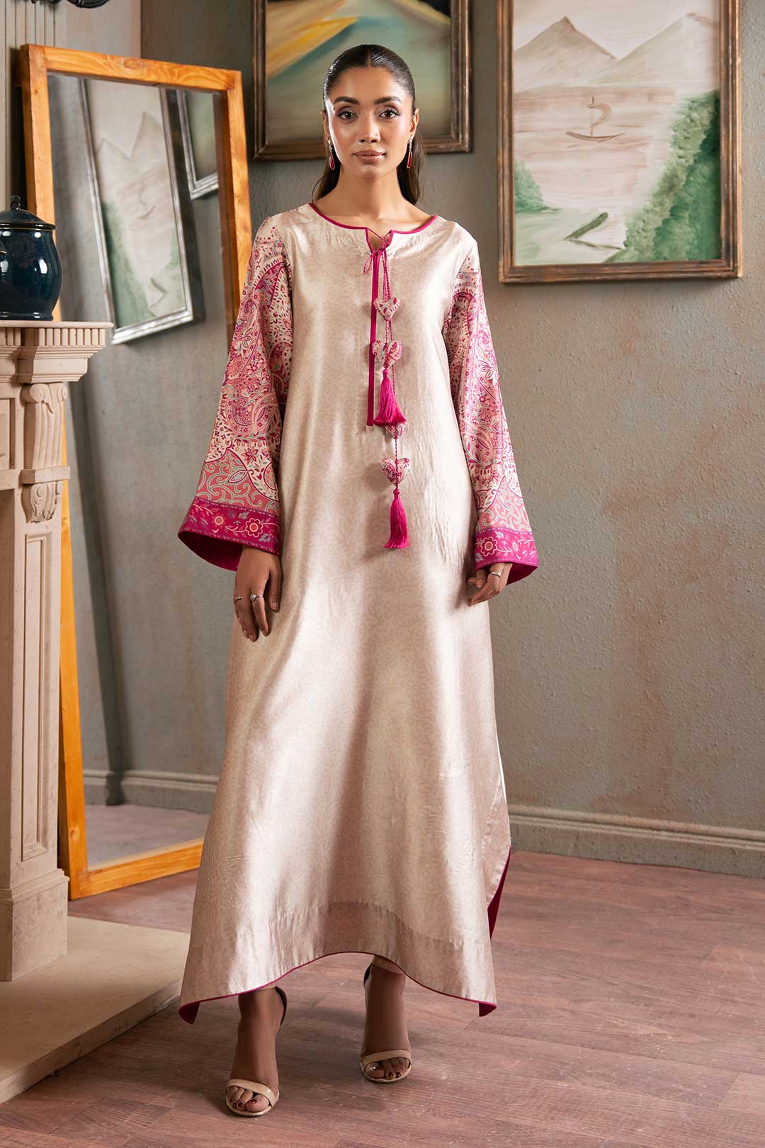 BEIGE PINK SILK KAFTAN