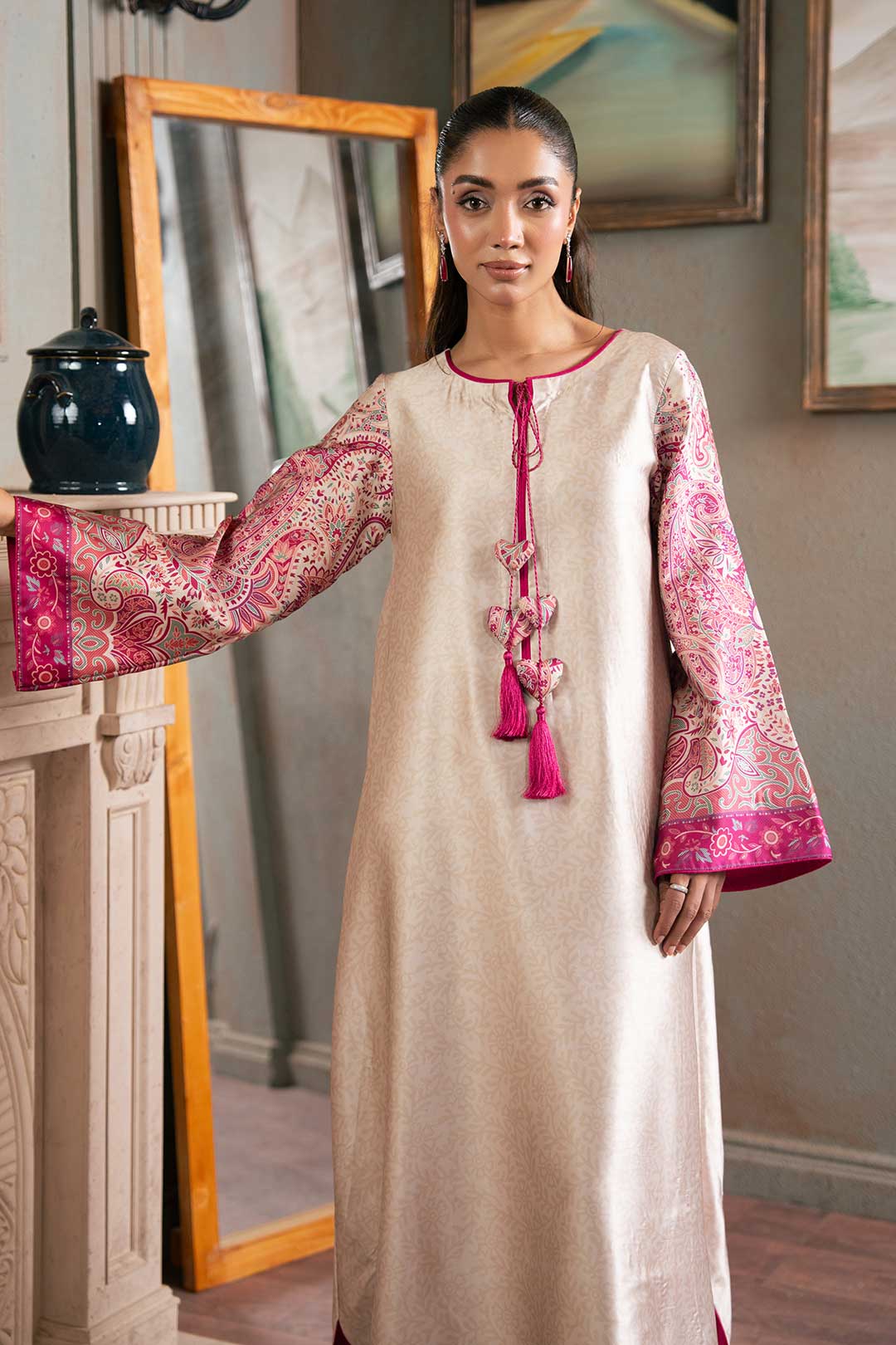BEIGE PINK SILK KAFTAN