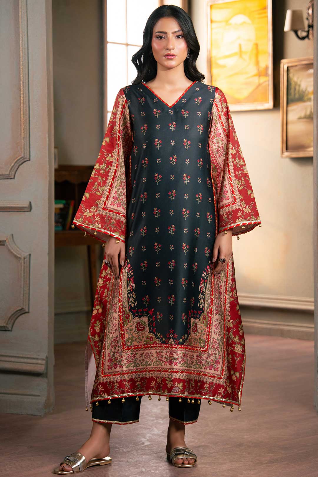 RED BLACK PRINTED SILK KAFTAN