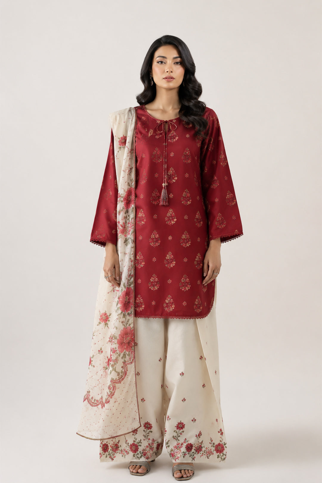 MAROON - IVORY 3PC SHORT SHIRT WITH FARSHI SHALWAR AND DUPATTA