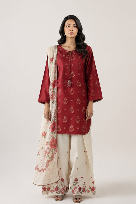 MAROON - IVORY 3PC SHORT SHIRT WITH FARSHI SHALWAR AND DUPATTA