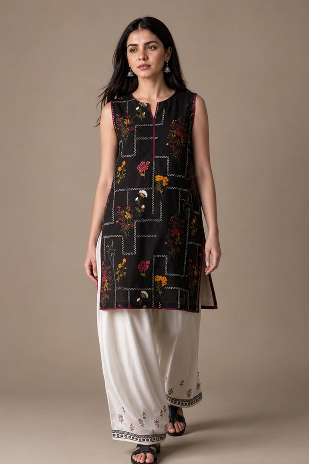 PRINTED SLEEVELESS KURTA WITH FARSHI SHALWAR