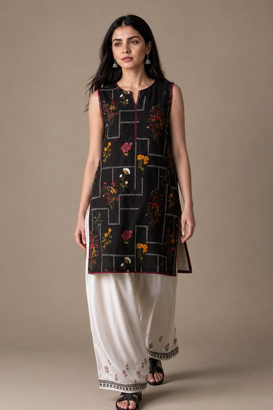 PRINTED SLEEVELESS KURTA WITH FARSHI SHALWAR
