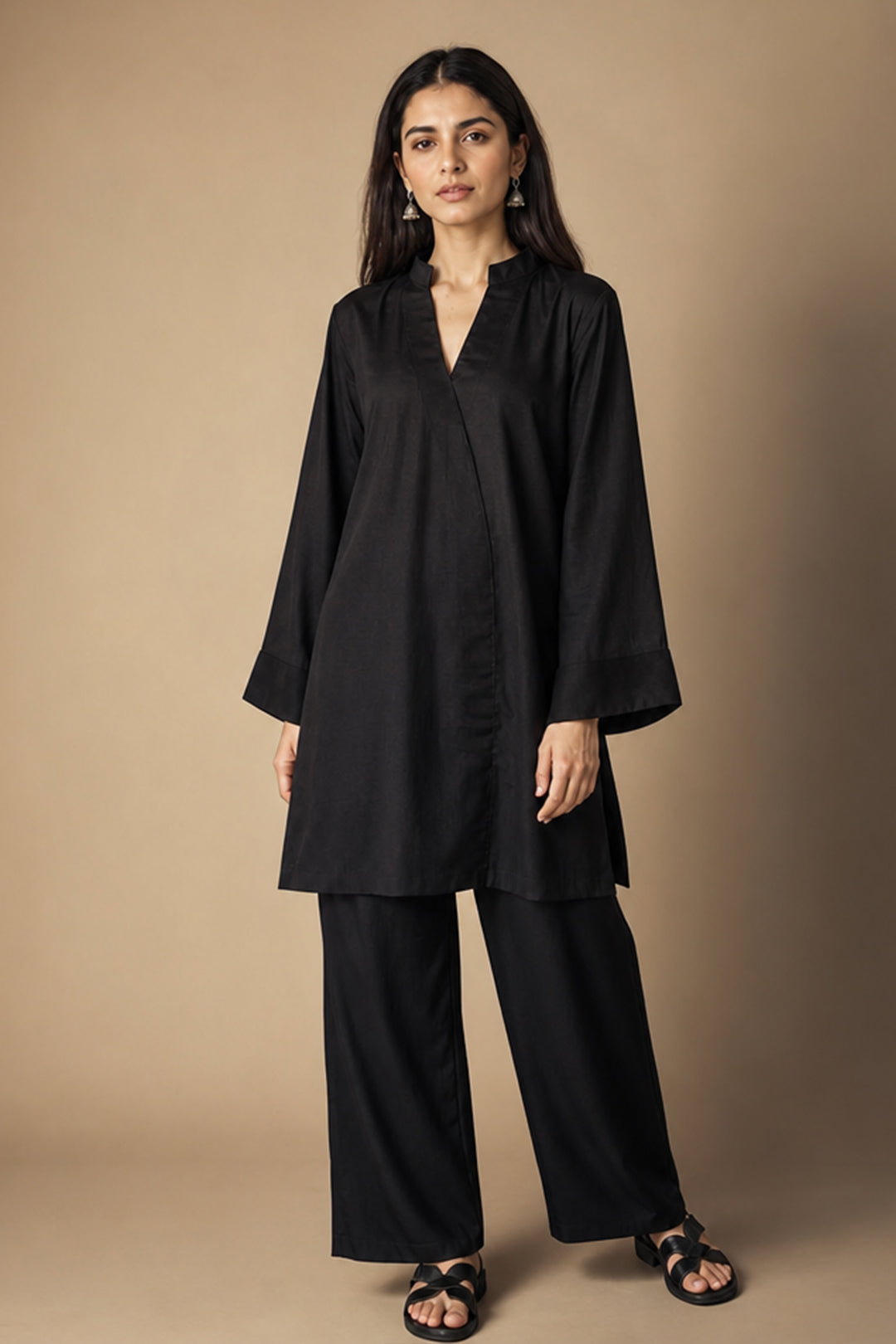 RELAXED FIT PLEATED SHIRT WITH WIDE LEG TROUSERS