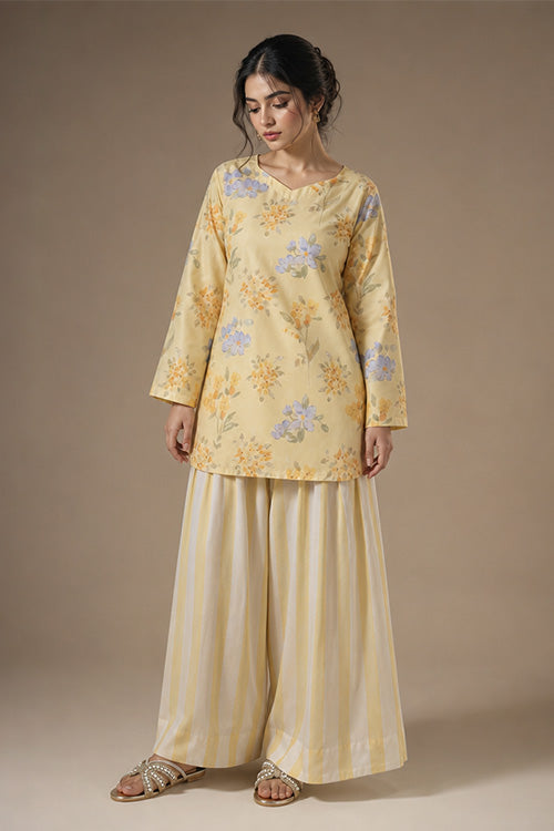 BUTTER YELLOW PRINTED KURTI WITH CORSET BACK AND FARSHI SHALWAR