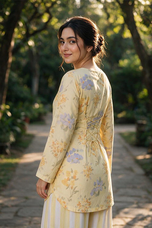 BUTTER YELLOW PRINTED KURTI WITH CORSET BACK AND FARSHI SHALWAR