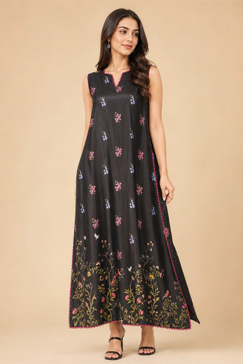 BLACK PRINTED LONG SHIRT WITH CULOTTES