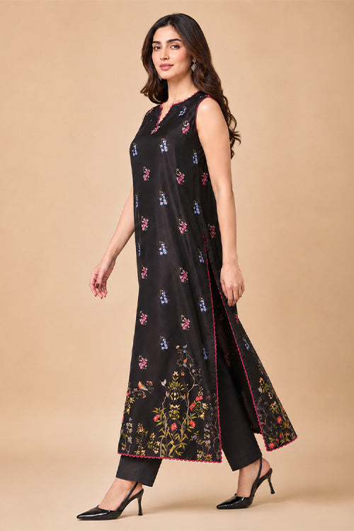 BLACK PRINTED LONG SHIRT WITH CULOTTES