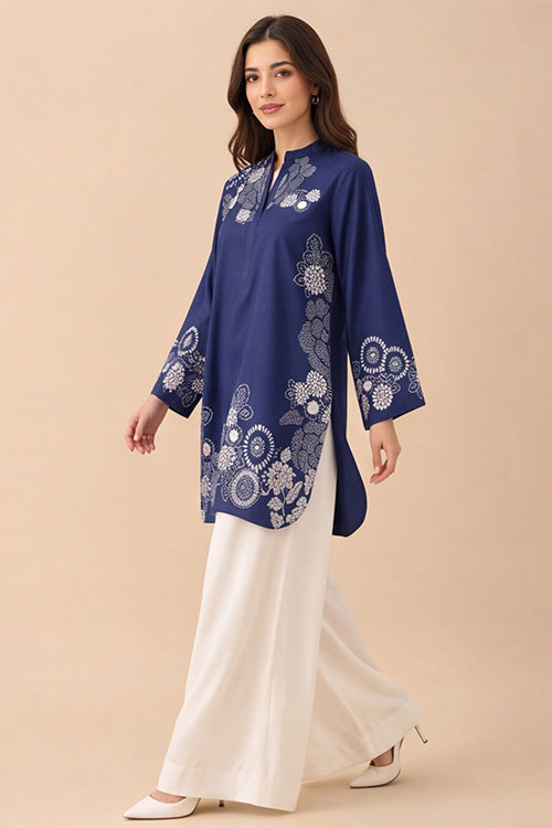 BLUE - WHITE SHORT KURTI WITH FARSHI SHALWAR