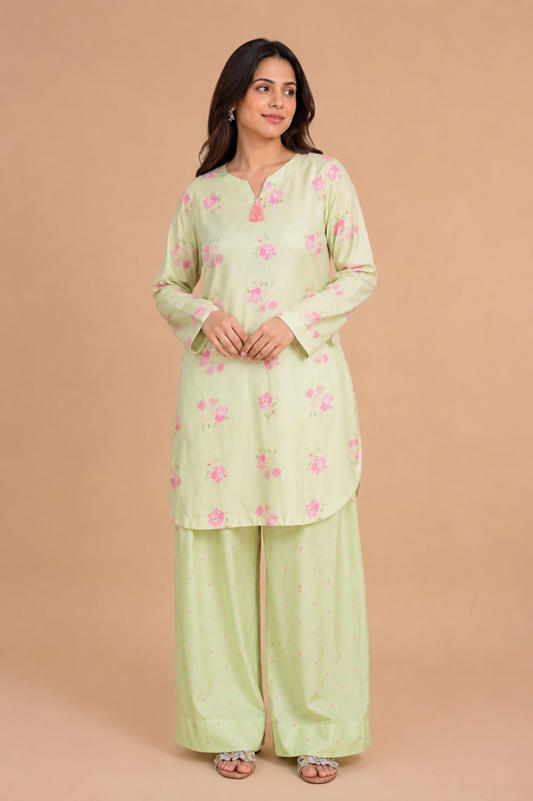 MINT FLORAL KURTA WITH POLKA DOTS FARSHI SHALWAR