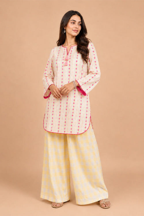 YELLOW - PINK SHORT KURTA WITH FARSHI SALWAR