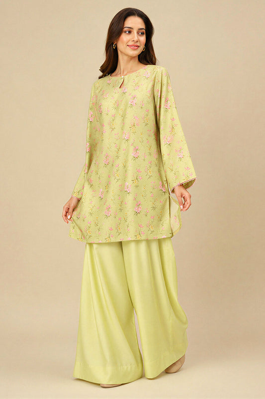 PASTEL LIME FLORAL KURTI WITH FARSHI SHALWAR