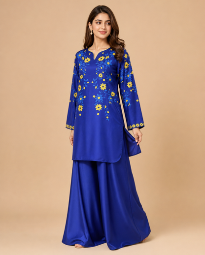 ROYAL BLUE - YELLOW SHORT KURTI WITH FARSHI SHALWAR