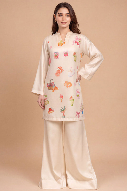 BEIGE WHIMSICAL PRINTED COORD SET