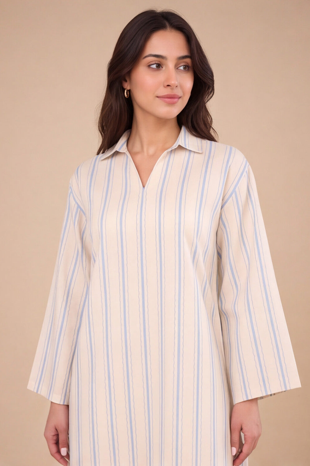 PASTEL BLUE STRIPED COORD SET WITH COLLARED NECKLINE