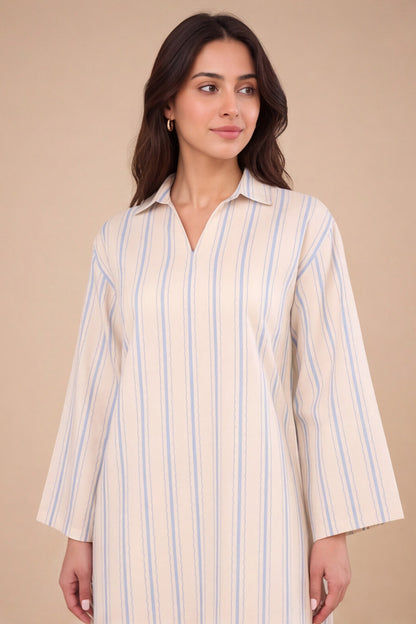 PASTEL BLUE STRIPED COORD SET WITH COLLARED NECKLINE