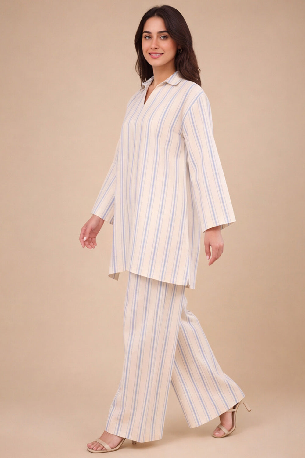 PASTEL BLUE STRIPED COORD SET WITH COLLARED NECKLINE