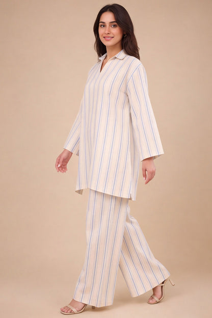PASTEL BLUE STRIPED COORD SET WITH COLLARED NECKLINE