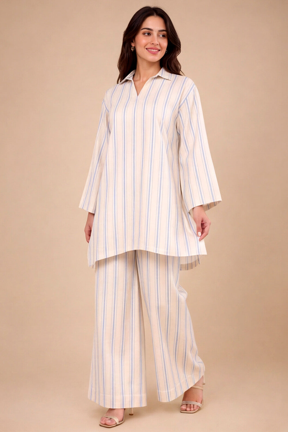 PASTEL BLUE STRIPED COORD SET WITH COLLARED NECKLINE
