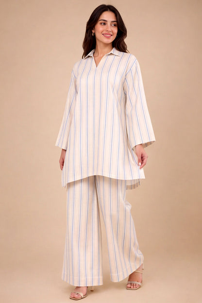 PASTEL BLUE STRIPED COORD SET WITH COLLARED NECKLINE