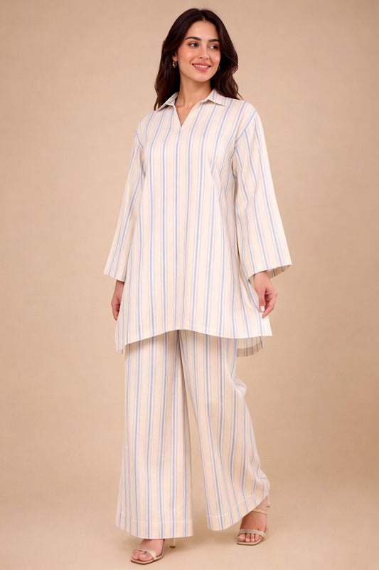 PASTEL BLUE STRIPED COORD SET WITH COLLARED NECKLINE